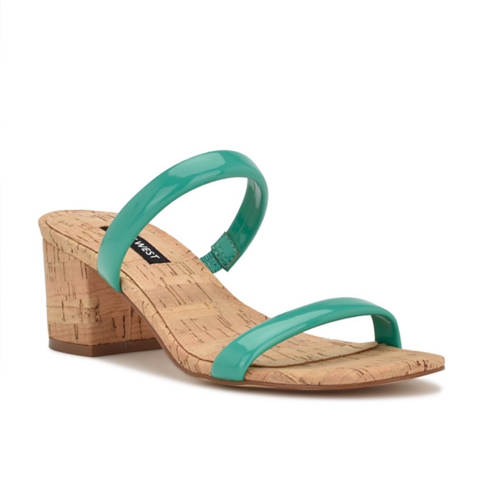 Nine West Tae Round Toe Heeled Slide Dress Sandals Green Patent 7